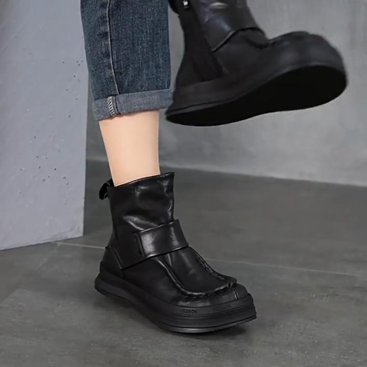 Johnature Vintage Genuine Leather Handmade Shoes Round Toe Short Boots Casual Versatile Women's Shoes
