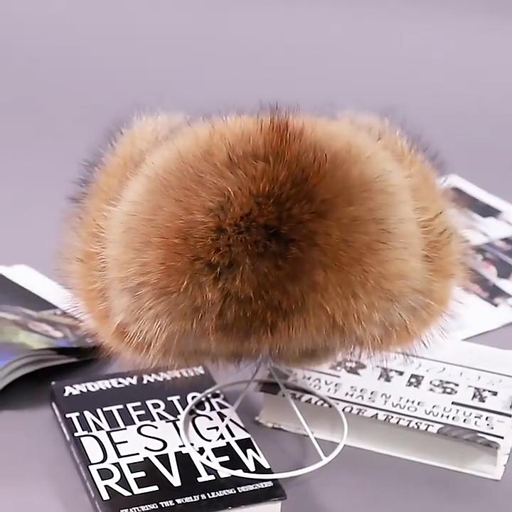 New Winter Men's 100% Silver Fox Fur Bomber Hat Raccoon Fur Ushanka Hat