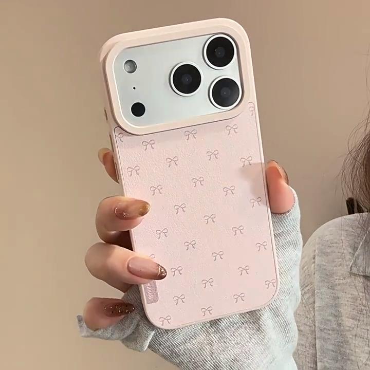Pink Bow Leather Mobile Phone Case Apple 17promax Suitable for IPhone16 Korean Fashion Protective Case