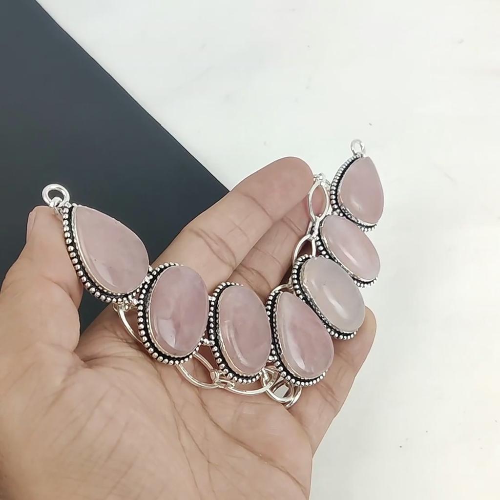 Dainty Rose Quartz Gemstone Handmade 925 Sterling Silver Necklace, Rose Quartz Silver Necklace For Wife, Unisex Necklace, Christmas Day Gift
