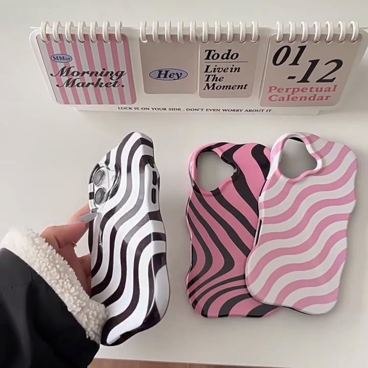Funda de Teléfono de Rayas Onduladas Brillantes de Lujo para iPhone 13 14 15 16 Pro Max Protección de Cámara A prueba de Golpes Color Combinado Moda Funda de Teléfono