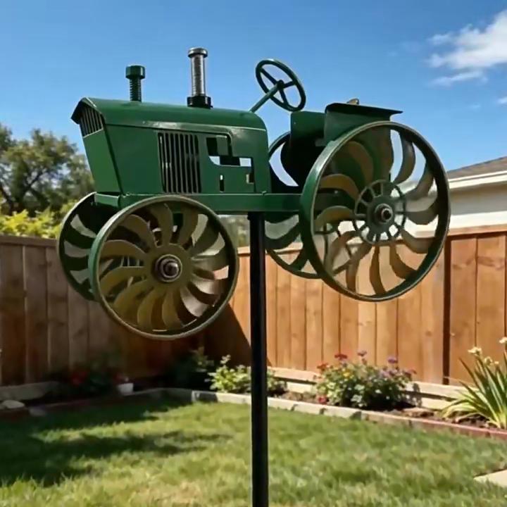 Molino de Viento para Jardín, Tractor Verde Motocicleta Caza Molinillo de Viento Estaca con Ruedas Giratorias para Patio Jardín, Adorno Único de Esculturas para Exteriores