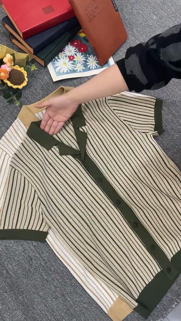 Men's Summer Knit Polo Shirt, Striped Short Sleeve Business Casual Polo, Fashion Lightweight Top