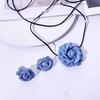 Blue Camellia Flower Stud Ear Necklace Bridal Jewelry Sets Wedding France Lace Up Clavicle Necklaces Earring Pearl Jewelry Women