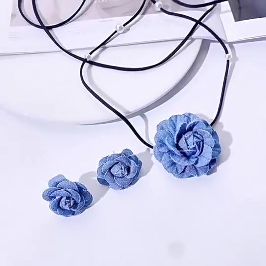 Blue Camellia Flower Stud Ear Necklace Bridal Jewelry Sets Wedding France Lace Up Clavicle Necklaces Earring Pearl Jewelry Women