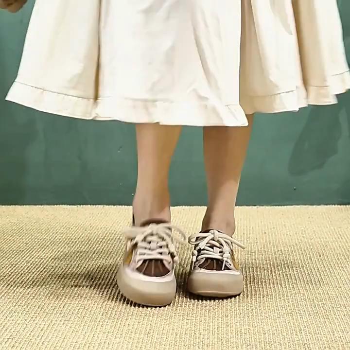 Johnature Mixed Colors Casual Lace-up Flats Genuine Leather Versatile Soft Soled Women's Shoes