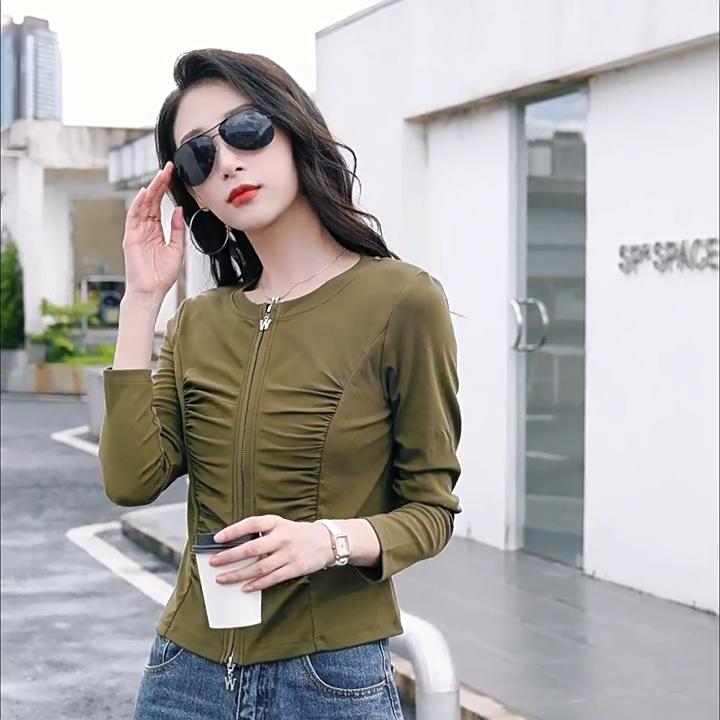 Damen Frühling und Herbst Rundhals T-Shirt Reißverschluss Strickjacke Modisch und Vielseitig Plissiert Hochwertiges Temperament Langarm Oberteil