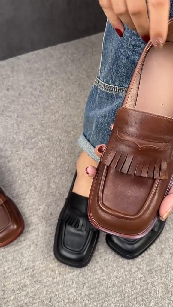 Johnature Scarpe con tacco basso e comode, in vera pelle, da donna, con punta quadrata, suola morbida, basse e slip-on