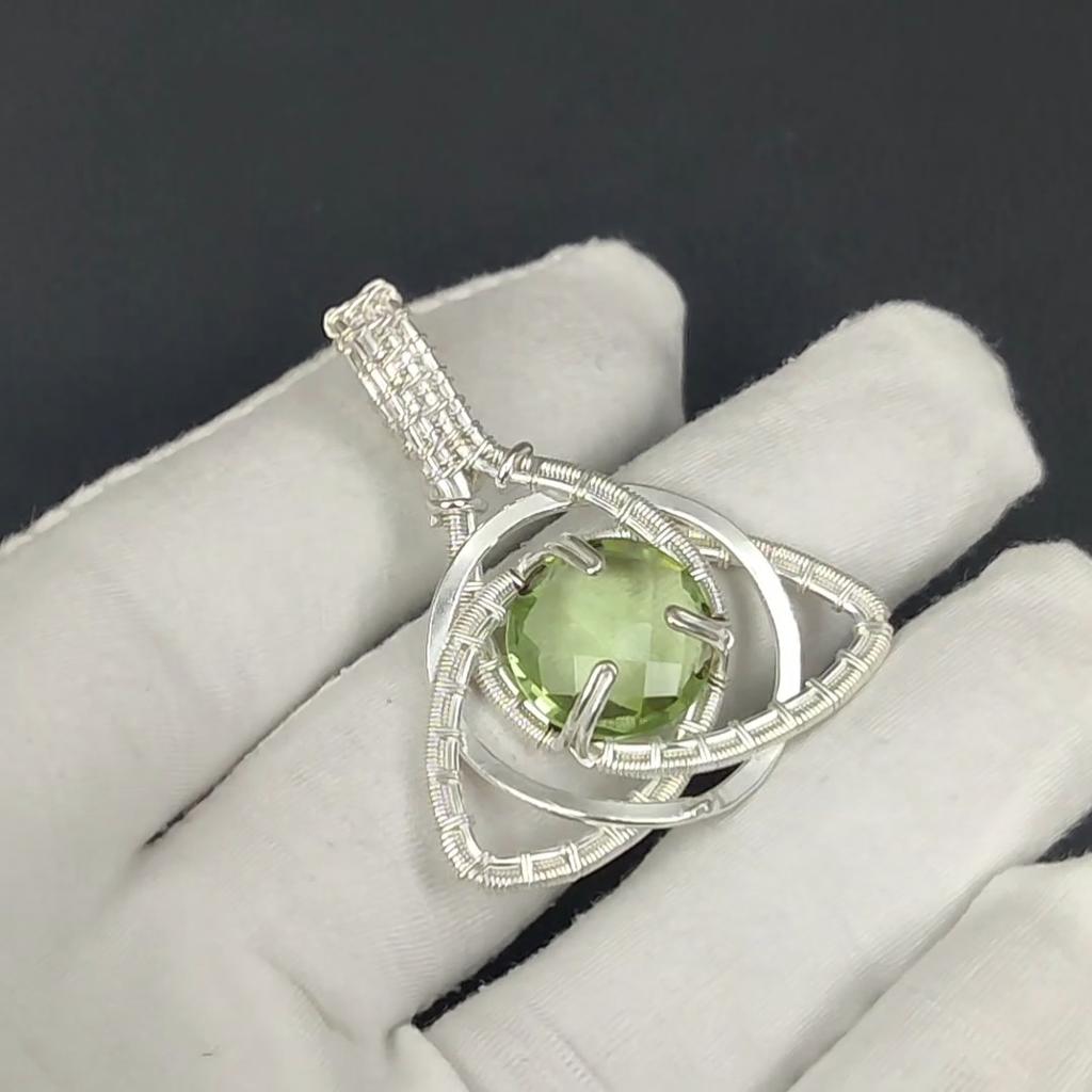 Peridot Gemstone Silver Pendant In 925 Sterling Silver- Handmade Design, Celtic Family Knot Wire Wrapped Everyday Jewelry, Gift For Moom