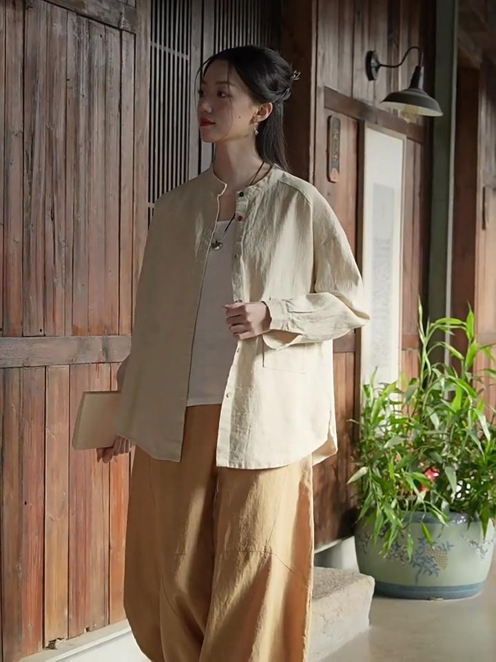 Johnature Women Vintage Shirts Tops Stand Long Sleeve Spring Blouses Button Patchwork Pockets Solid Color Shirts