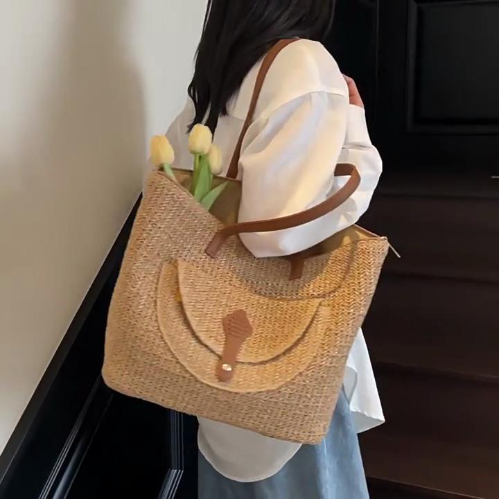 Yogodlns Women's Woven Straw Tote Bag Leather Patchwork Decor Large Capacity Casual Daily Beach Vacation Shoulder Handbag