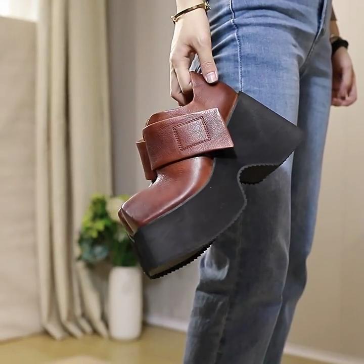 Johnature Retro Hakiki Deri 10 CM Kalın Taban Ayakkabı Kadın Kare Ayak Düz Renk Yükseltilmiş Platform Ayakkabılar