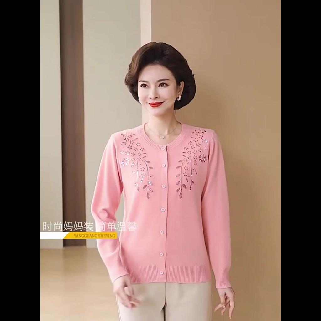 Herbst Damen Woll-Cardigan Bestickt Strass Rundhals Gestrickter Cardigan Pullover