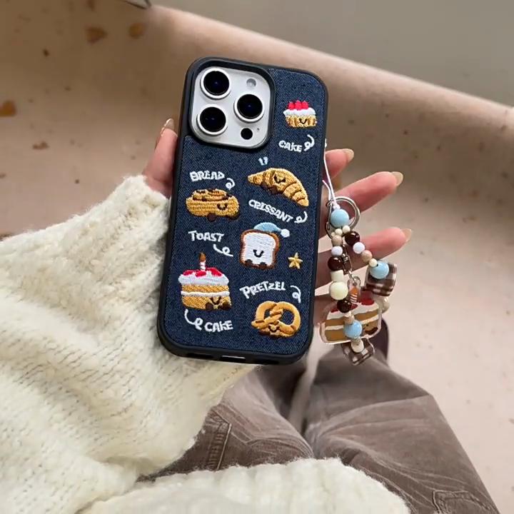 Retro Dżinsowy Haft Chleb Tost Ciepły Materiał Etui na Telefon Dla iPhone 17 Air 16 15 14 13 Pro Max Urocza Tylna Pokrywka