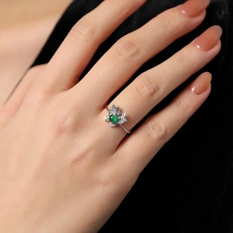 Natural jadeite s925 sterling silver butterfly ring silver inlaid egg surface versatile fashion adjustable ring accessories women's daily jewelry gift