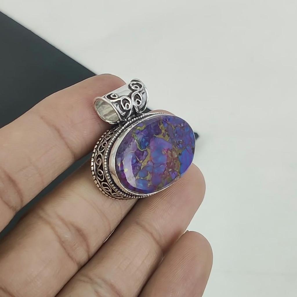Colgante de Plata de Ley 925 con Gema Turquesa Cobre Púrpura - Diseño Ovalado Hecho a Mano, Joyería para Uso Diario, Regalo para Esposa
