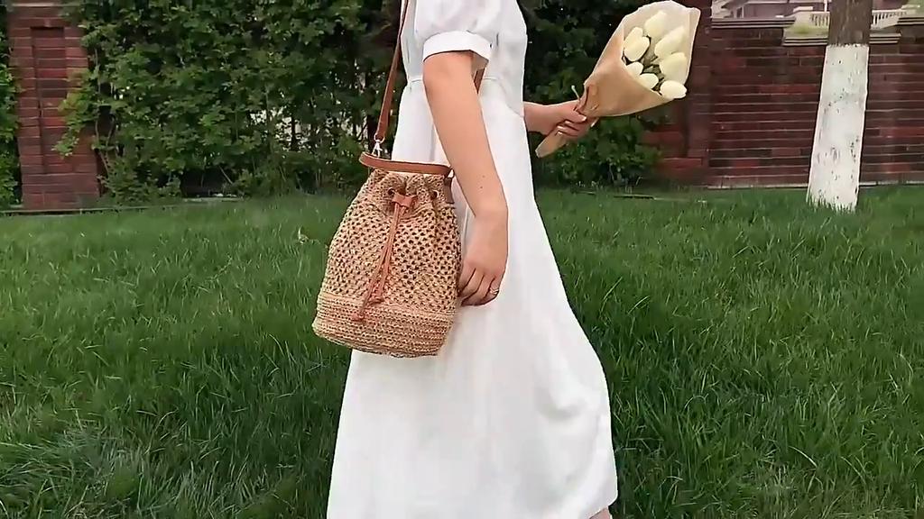 Yogodlns Summer Braided Straw Bucket Bag For Women Simple Drawstring Beach Shoulder Crossbody Bag